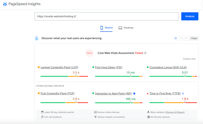 Avada 簡報的核心 Web Vitals 評估和效能結果 - 來源：PageSpeed Insights