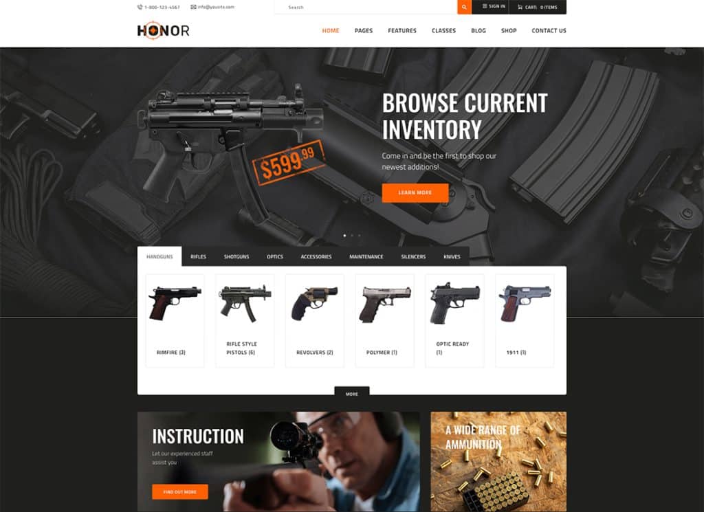 Honor - Club de trageri multifuncționale și temă WordPress pentru magazinul de arme