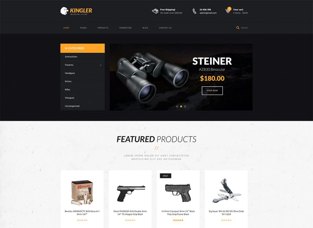 Kingler - Magazin de arme și tema WordPress pentru antrenament cu arme