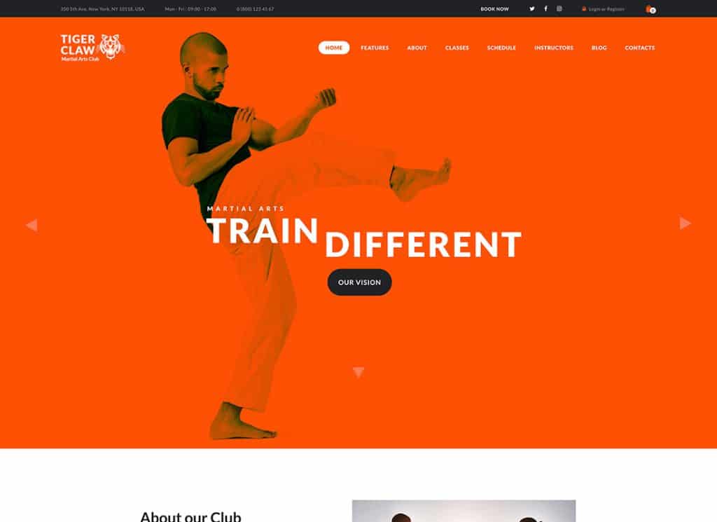 Tiger Claw - Tema WordPress de escola de artes marciais e centro de fitness