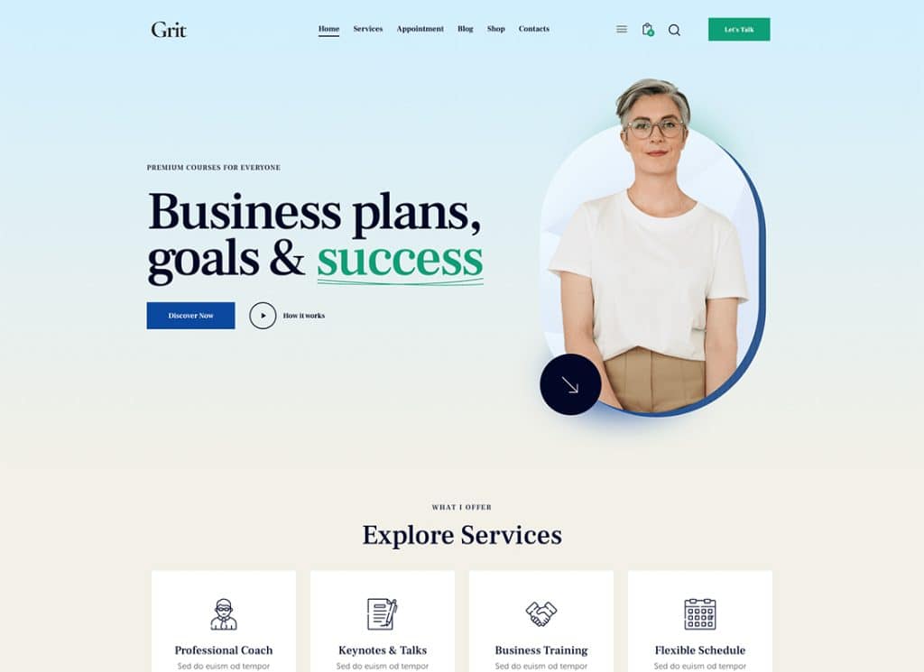 Grit - 코칭 및 온라인 강좌 Multiskin WordPress Theme