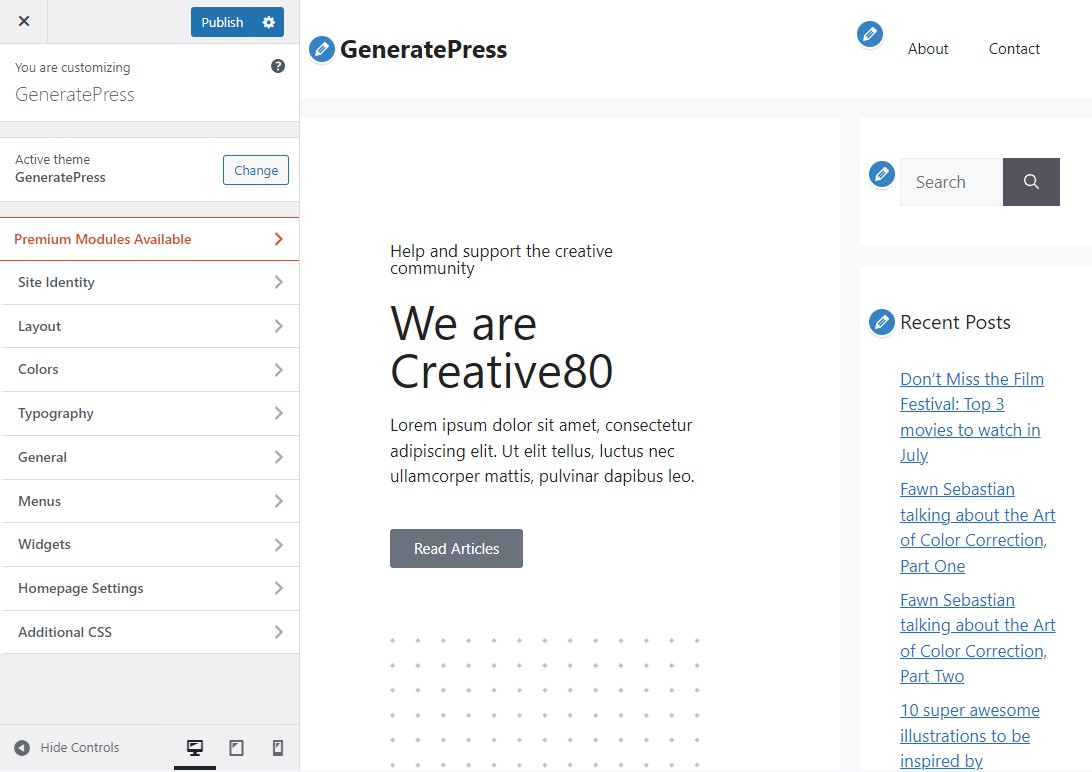 Options de personnalisation de GeneratePress