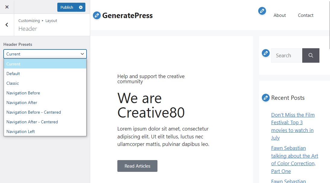 إعدادات الرأس في GeneratePress