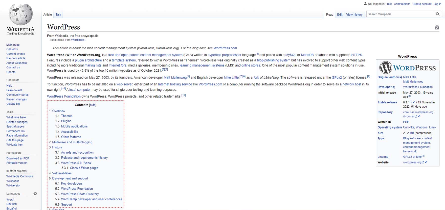 Cuprinsul paginii Wikipedia a WordPress