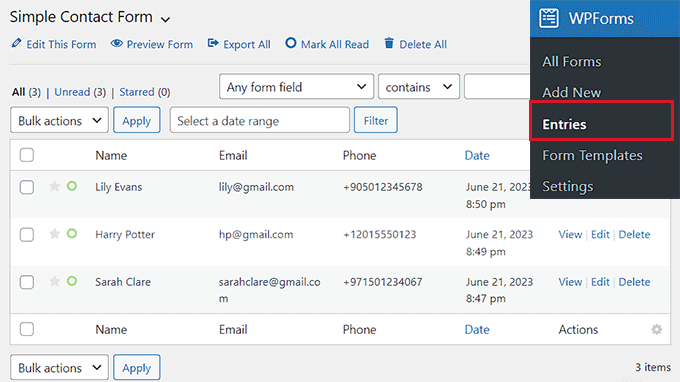 WPForms entries