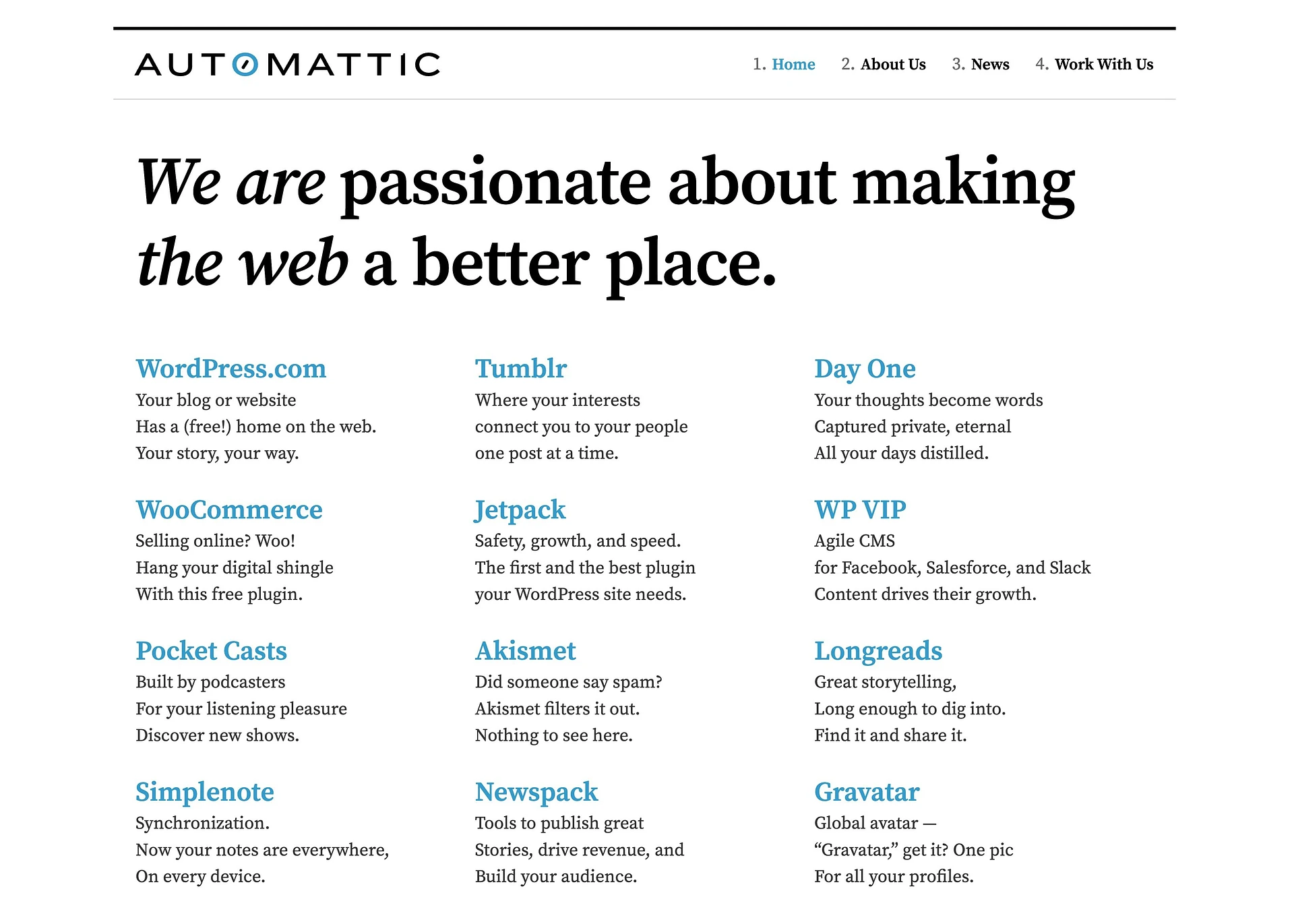 Il sito web di Automattic e i suoi principali prodotti.