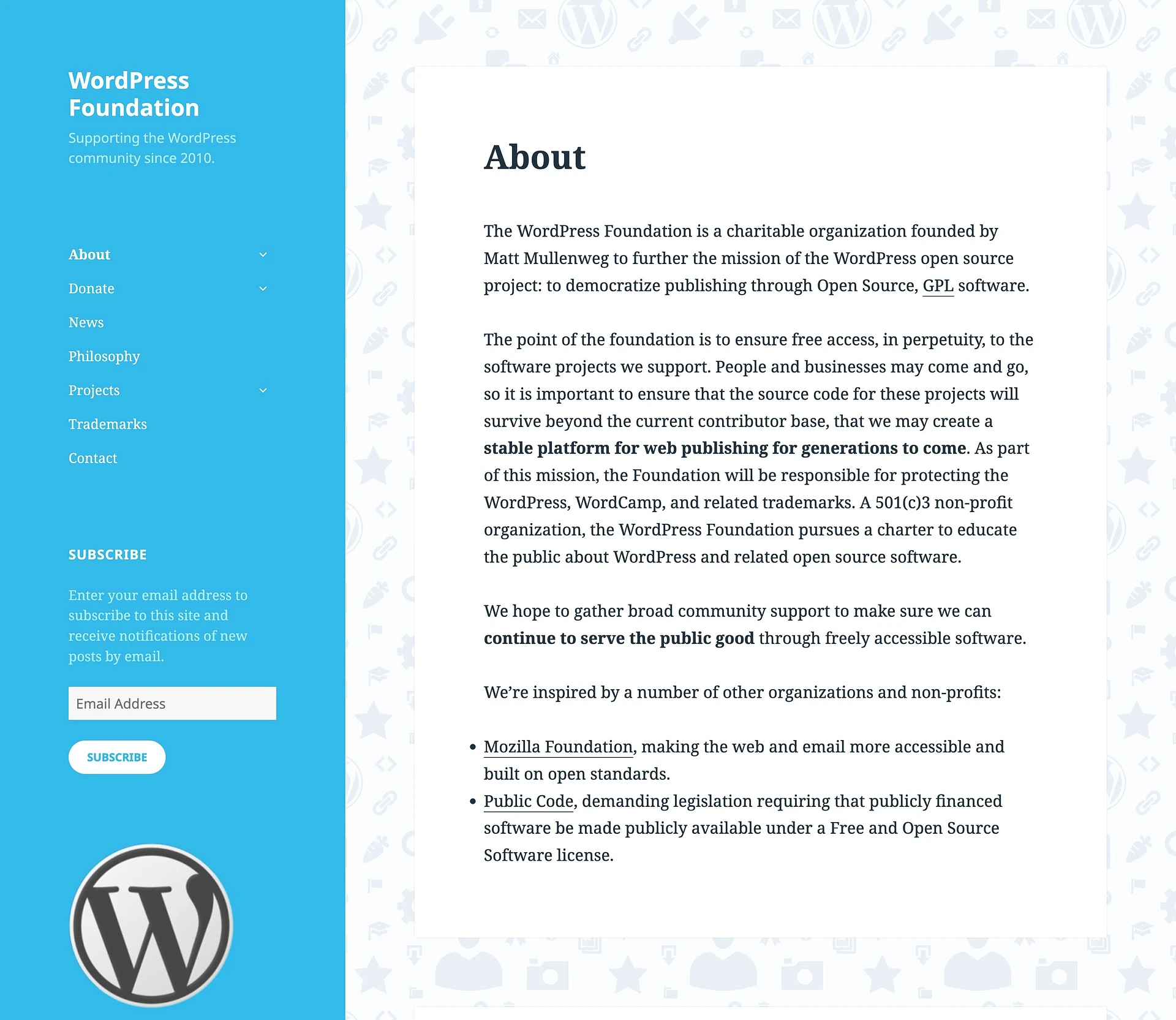 Die Website der WordPress Foundation zeigt eine Antwort auf die Frage, wem WordPress gehört.