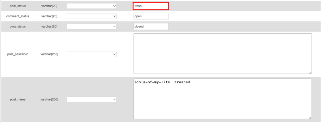 Uma captura de tela do seu cpanel para alterar o status da postagem excluída