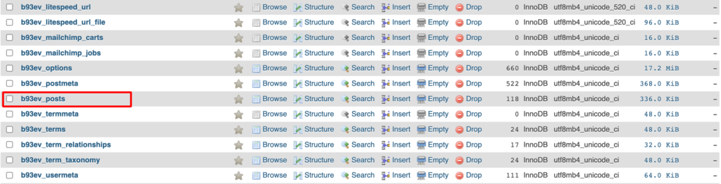 Tangkapan layar cpanel untuk memilih database yang terkait dengan postingan Anda yang dihapus