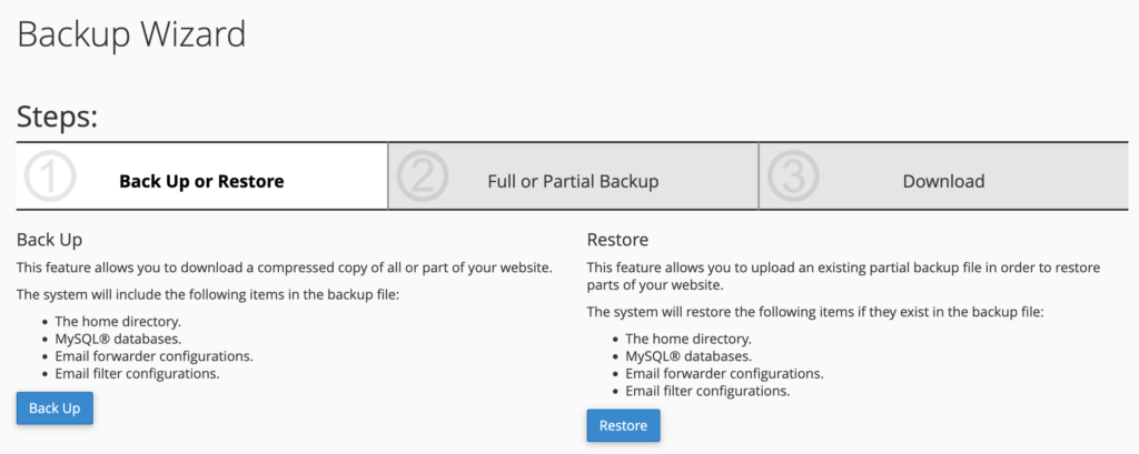 Cpanel yedekleme sihirbazının ekran görüntüsü