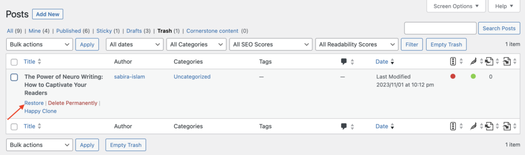 Tangkapan layar untuk memulihkan file yang terhapus dari kotak sampah di WordPress