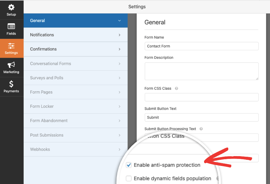 Paramètres généraux dans WPForms