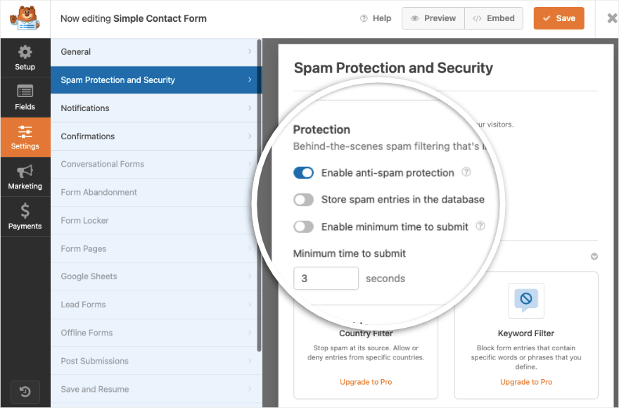 WPForms'ta spam ve güvenlik