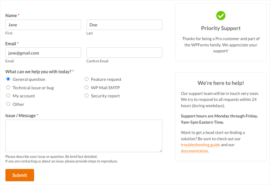 WPForms 티켓 제출