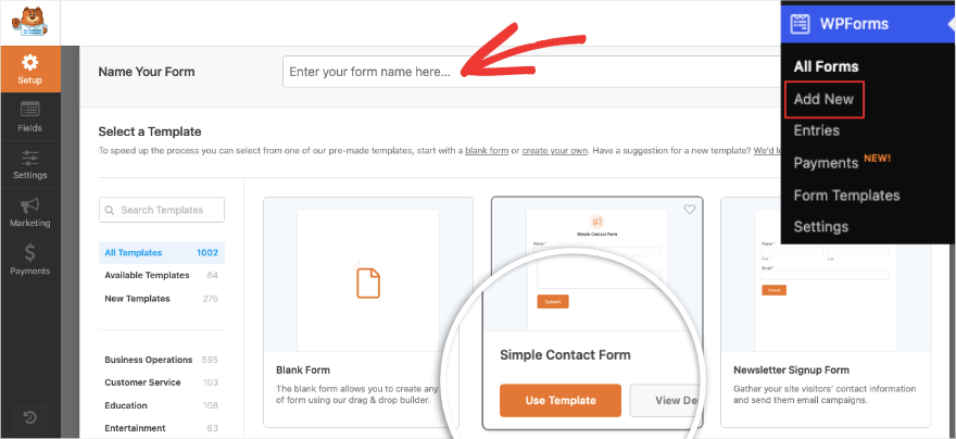 Adicionar modelo de formulário de contato em WPForms