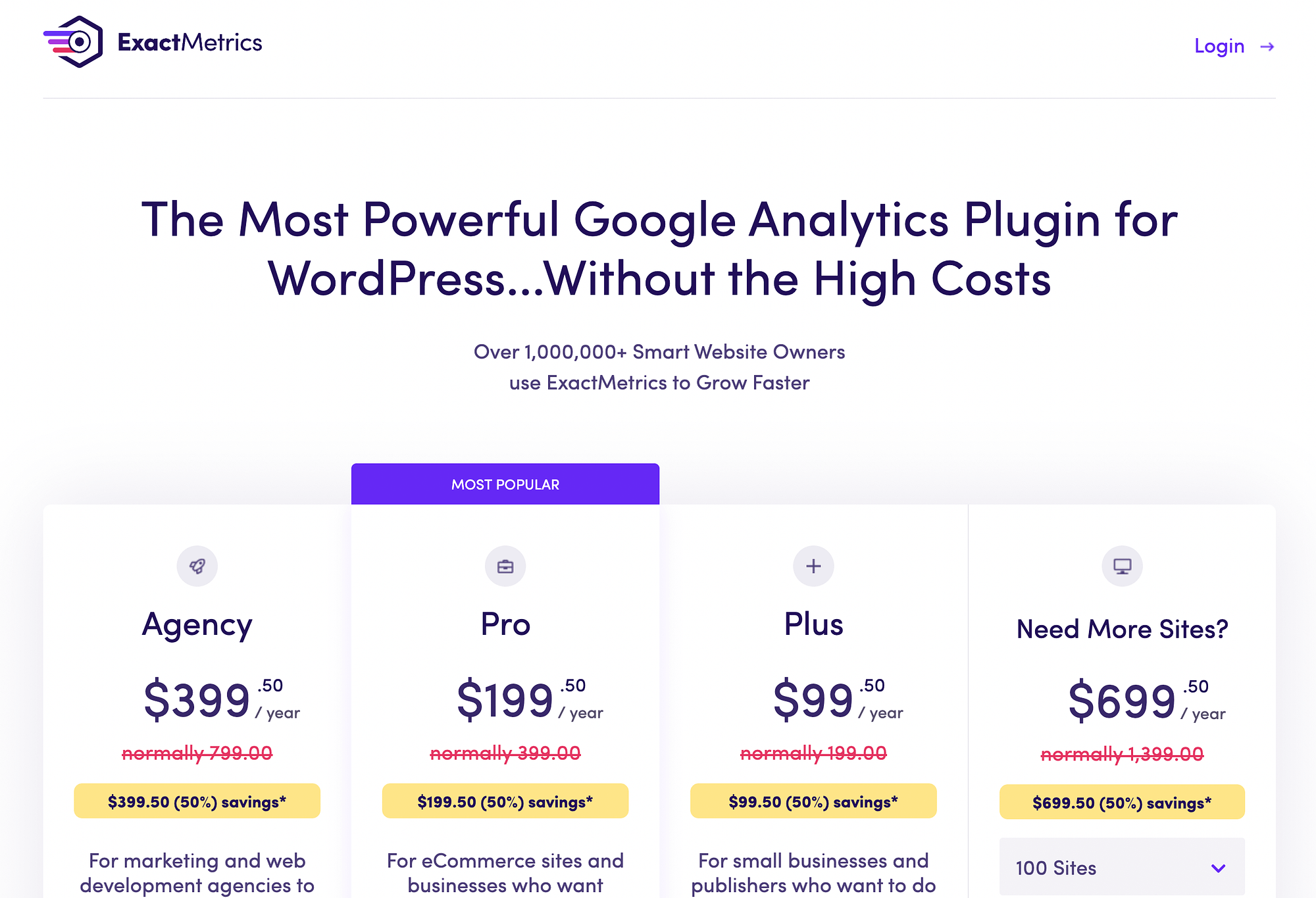 Pagina de prețuri ExactMetrics când se compară MonsterInsights cu ExactMetrics.