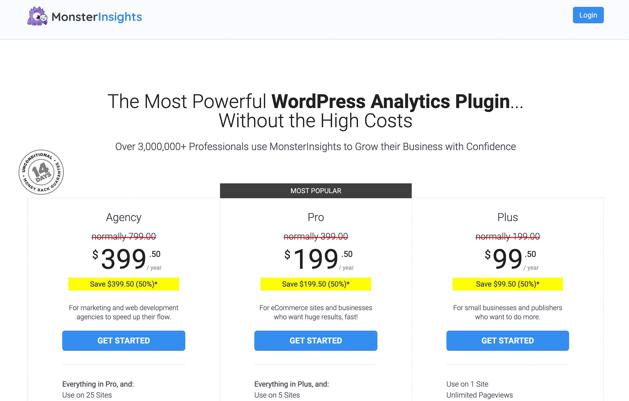 Página de precios de MonsterInsights.