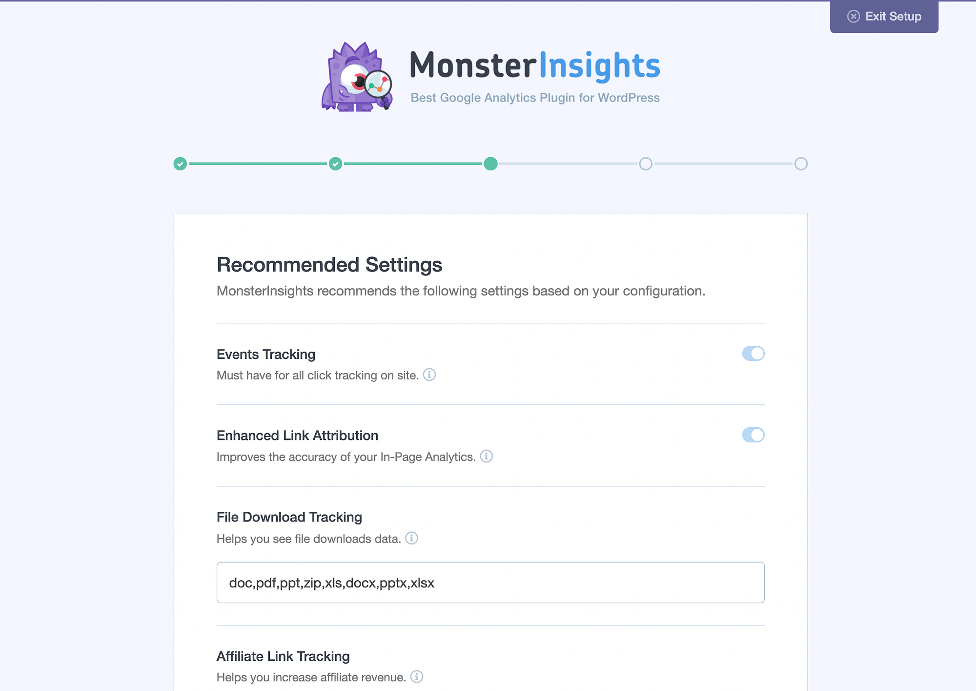 MonsterInsights 설정을 구성합니다.