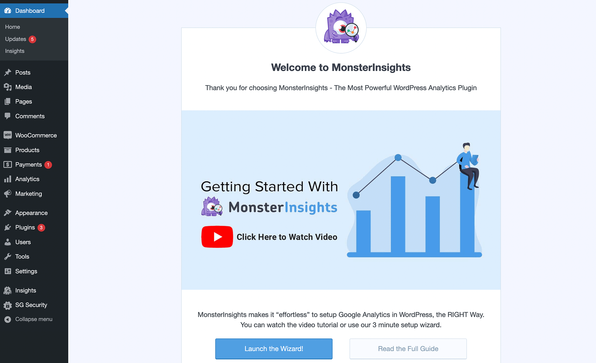 MonsterInsights セットアップ ウィザードを起動します。