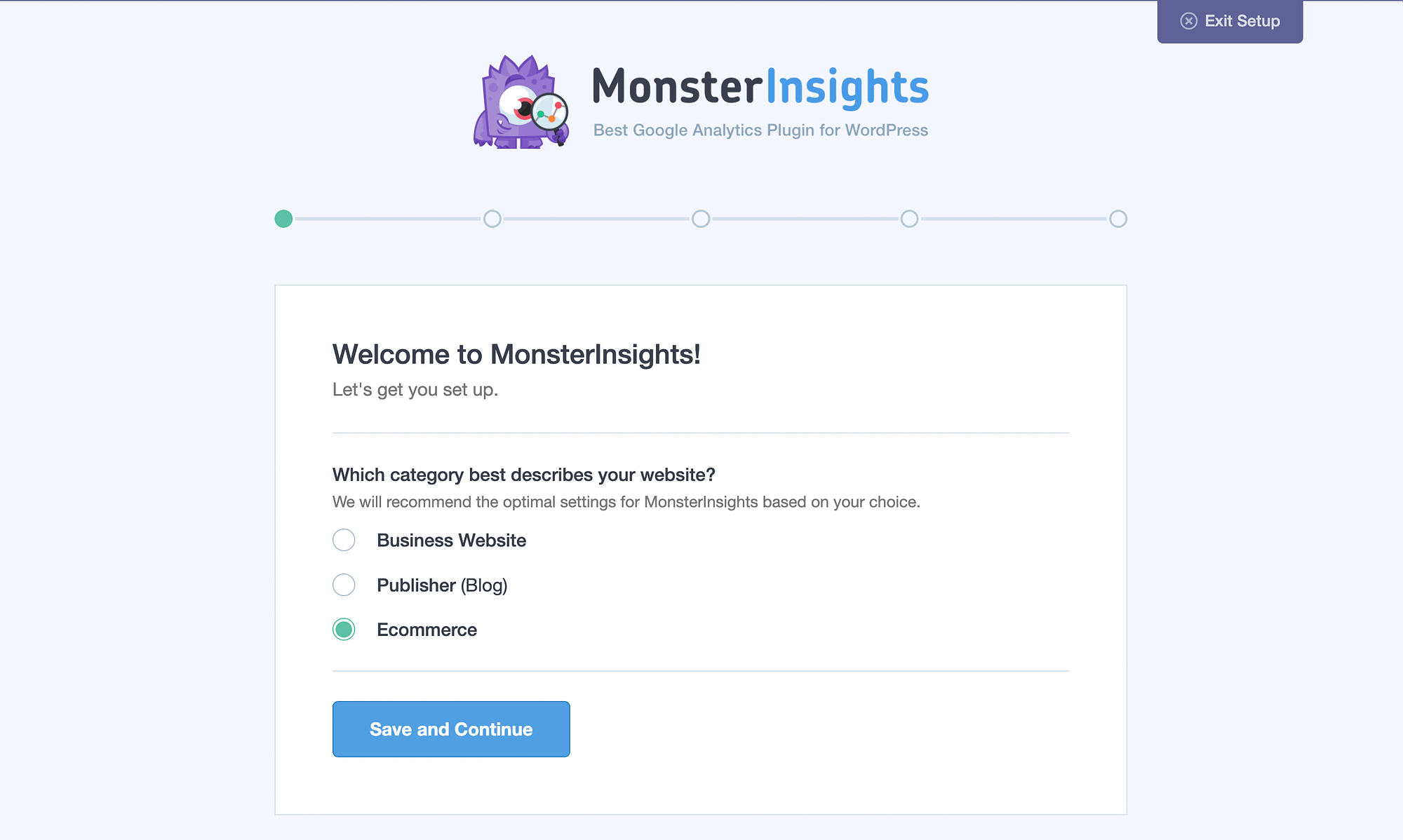 Selamat datang di wizard pengaturan MonsterInsights.