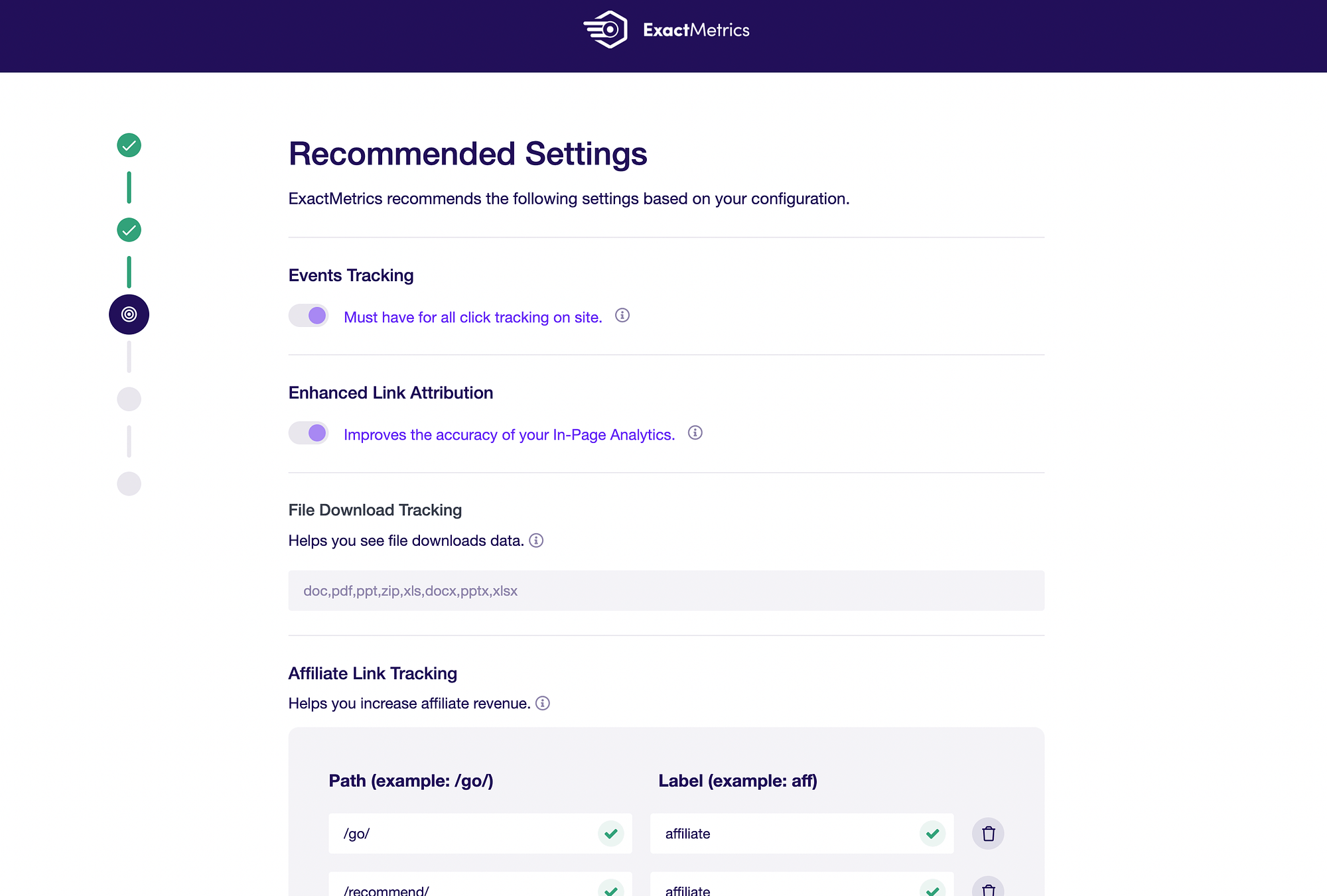 Defina as configurações recomendadas em ExactMetrics.