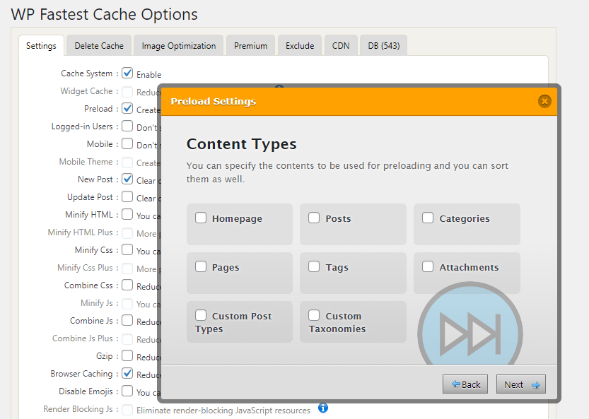 الخيارات المتقدمة لـ WP Fastest Cache.