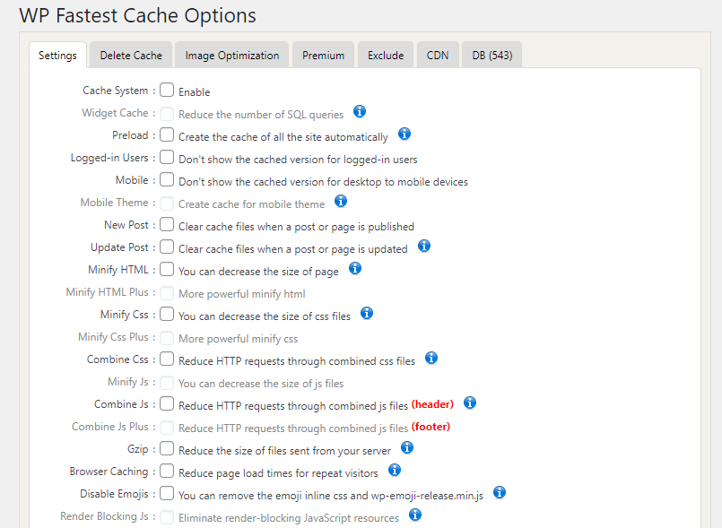 比較 WP Optimize 與 WP Fastest Cache 之間的選項。