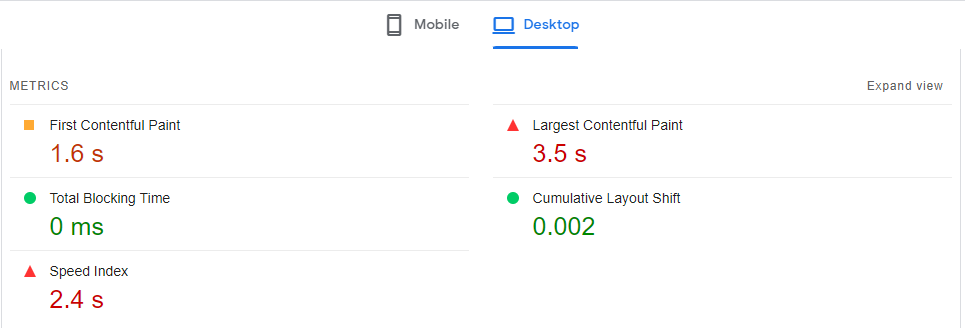 Hasil Core Web Vitals sebelum menginstal plugin caching.