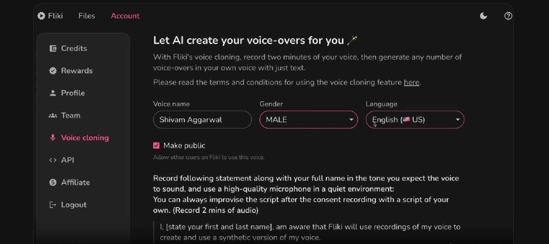 Captură de ecran Fliki AI Voice Cloning