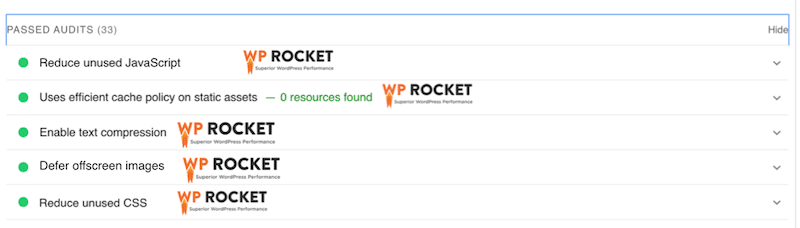 WP Rocket исправляет предупреждения о маяках — Источник: PageSpeed ​​Insights