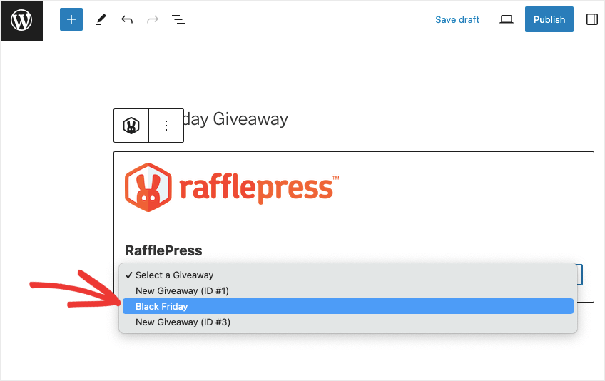 أضف حملة RafflePress من القائمة المنسدلة