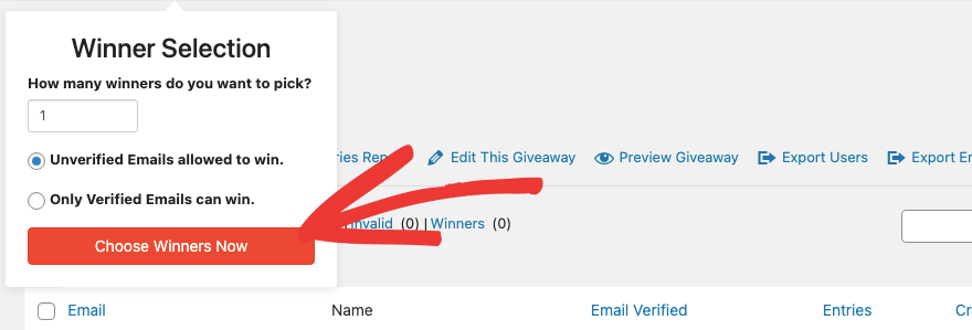 Wählen Sie Gewinner in RafflePress