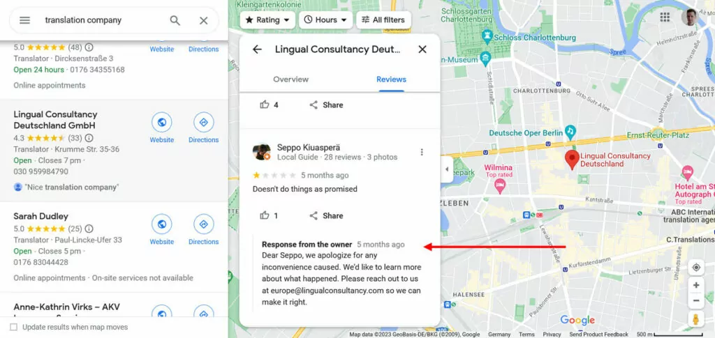 การตอบสนองของนักแปลต่อตัวอย่างรีวิว Google Maps เชิงลบ