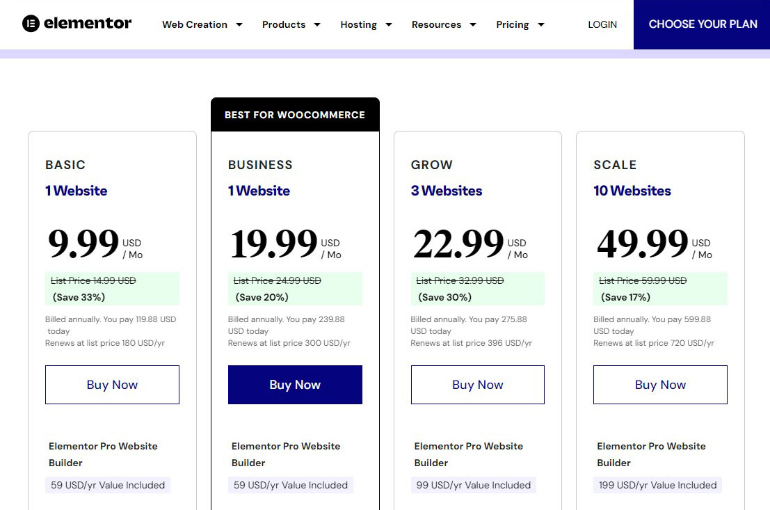 Choisissez le plan d'hébergement Elementor et cliquez sur le bouton Acheter maintenant