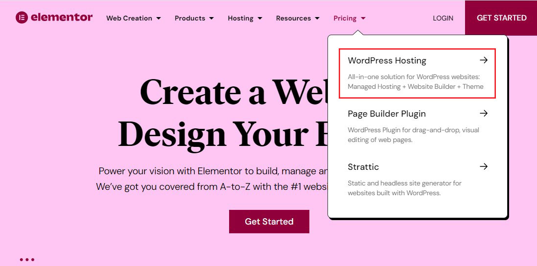 定价菜单下的 Elementor WordPress 托管选项