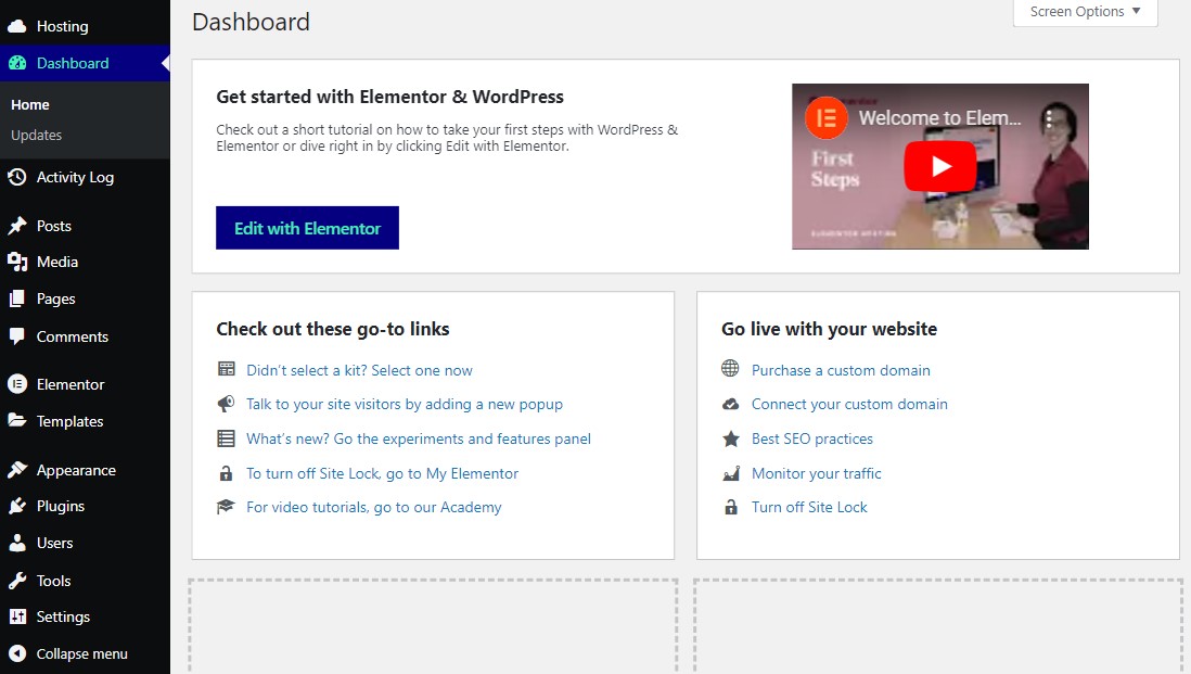 Elementor Hosting WordPress Dashboard