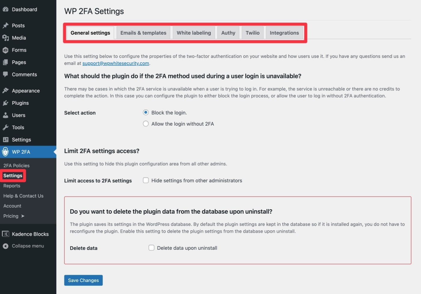 Área de configuración de WP 2FA