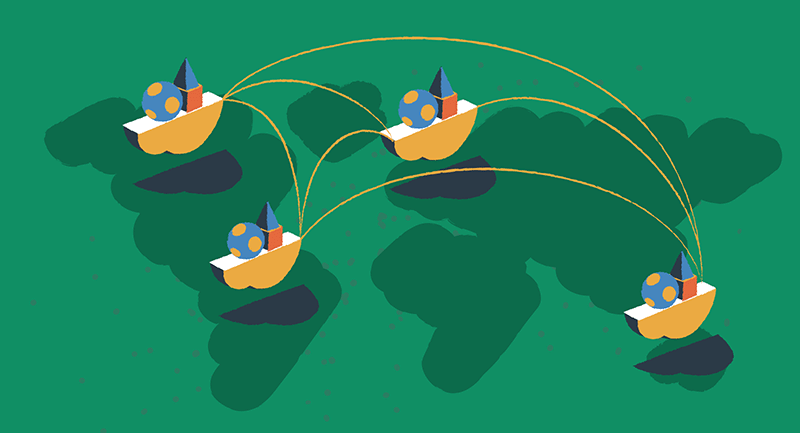 Diverse nuvole sono posizionate attorno a una mappa verde del mondo.