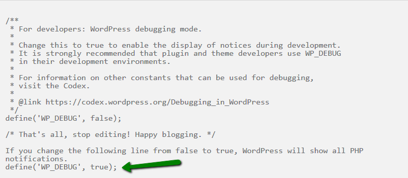 Contoh kode untuk menggunakan mode debugging WordPress.