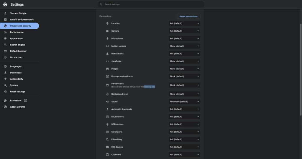 Chrome의 웹사이트 개인정보 보호 및 보안