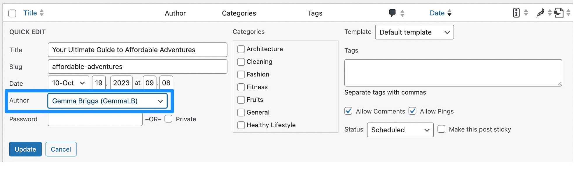 Cómo cambiar el autor en WordPress mediante edición rápida.