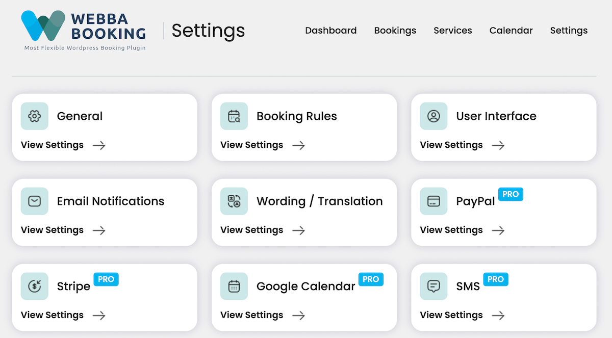 Intégrations et paramètres avancés de Webba Booking