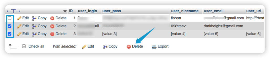 supprimer les utilisateurs de phpmyadmin - wordpress