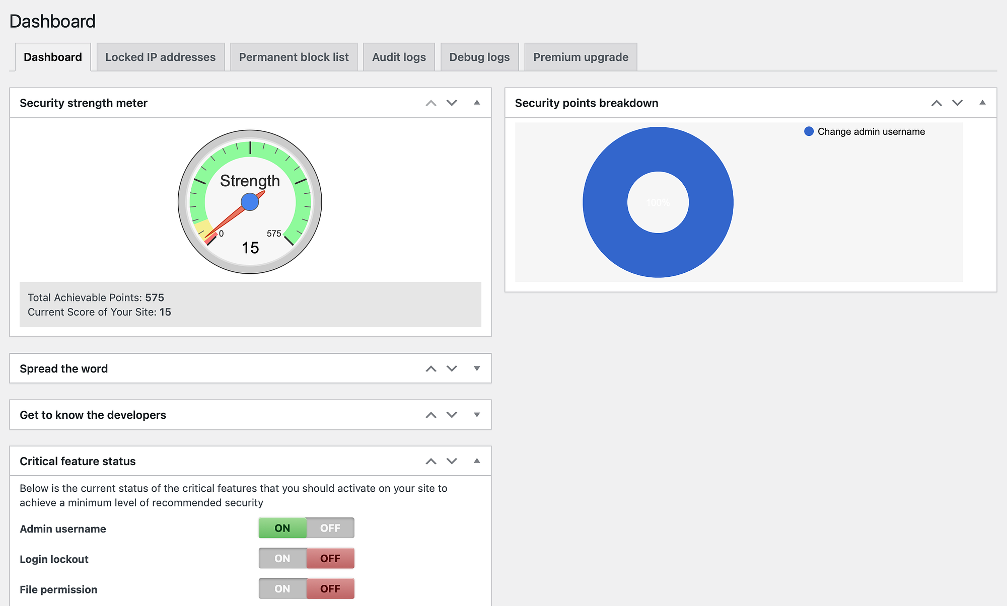 Wordfence vs Sicurezza WP All-In-One: dashboard di sicurezza WP All-In-One.