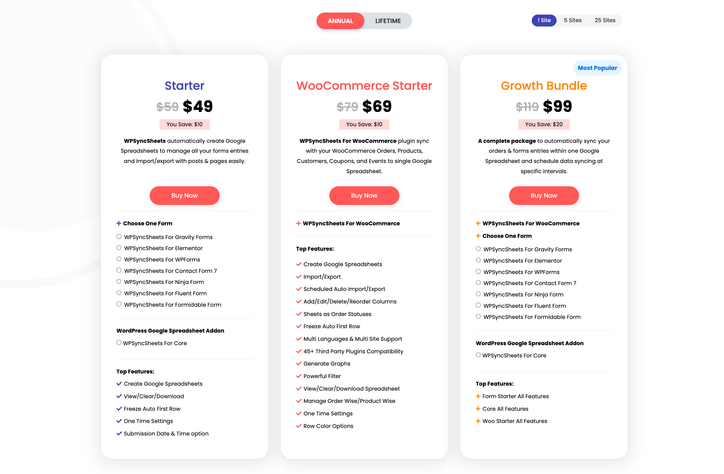 Plans tarifaires WPSyncSheets pour WooCommerce.