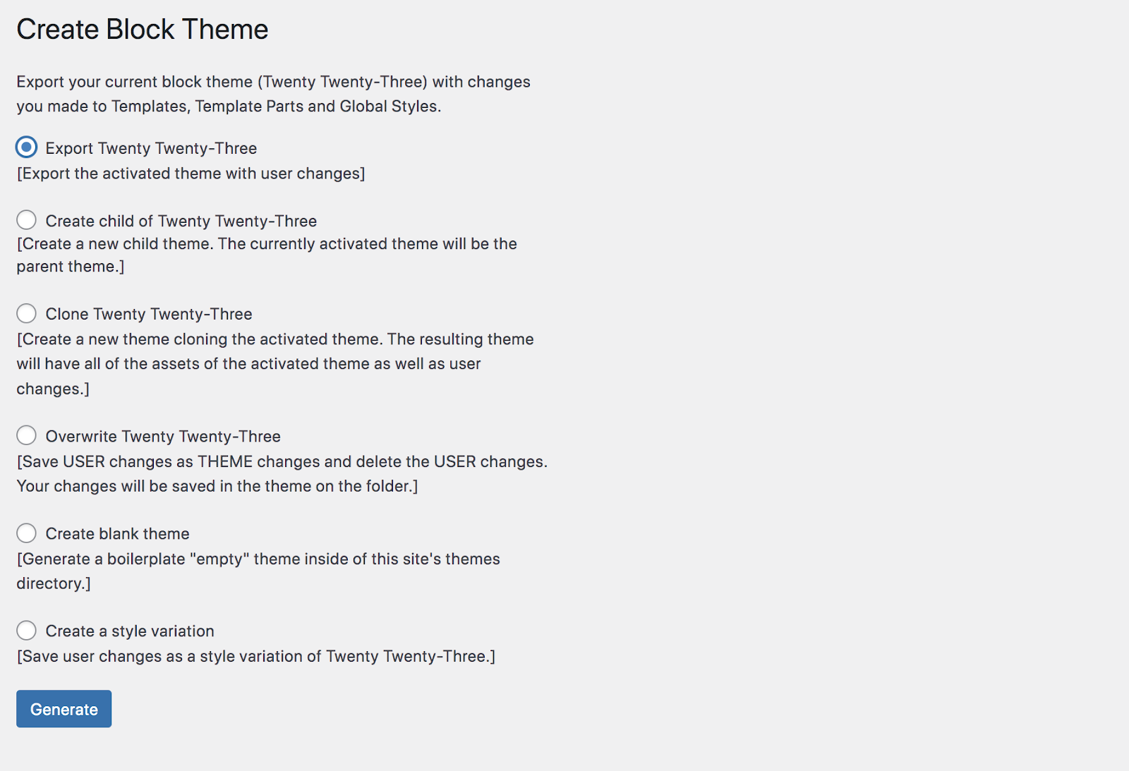 Installieren Sie das Plugin „Create Block Theme“ (kostenlos aus dem WordPress-Repository).