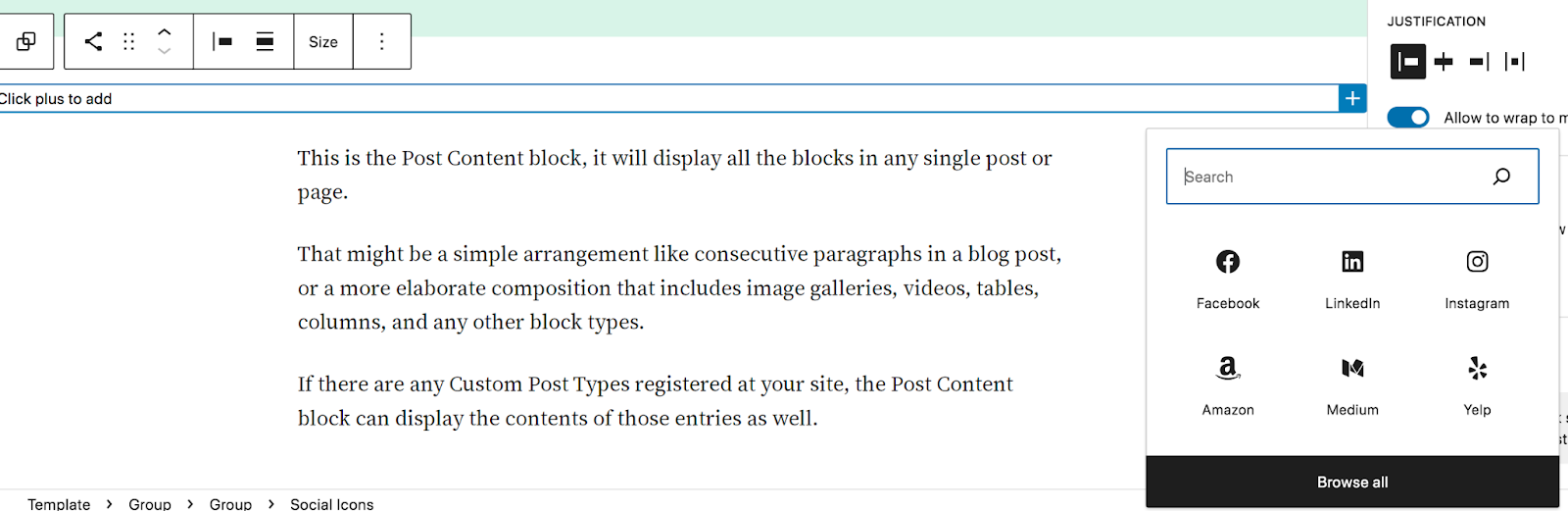 Fügen Sie einige Social-Media-Symbole unter dem Titel des Blogbeitrags hinzu – suchen Sie den Block „Soziale Symbole“ und ziehen Sie ihn direkt unter den Titelblock.