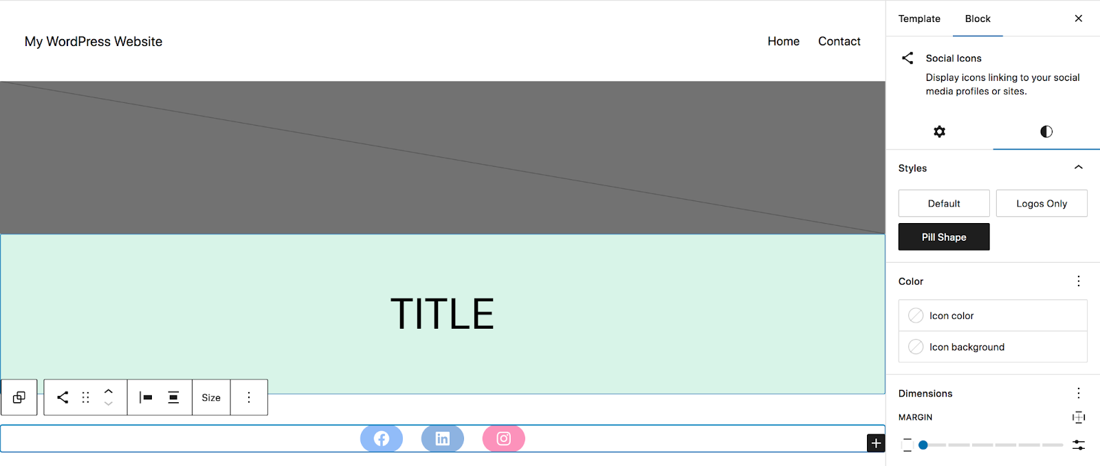 Vous pouvez utiliser la barre d'outils qui apparaît au-dessus du bloc Icônes sociales pour modifier l'alignement, déplacer les icônes, etc.