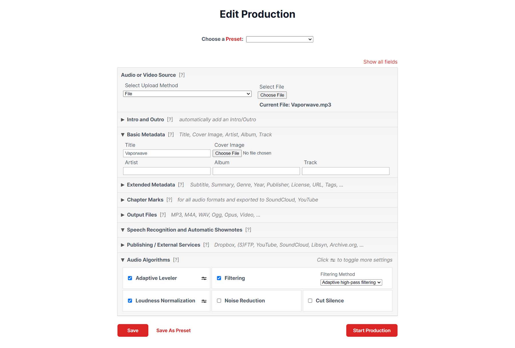 La piattaforma di editing di Auphonic