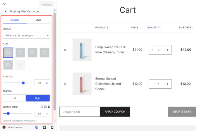 configuración del icono del carrito flotante de botiga